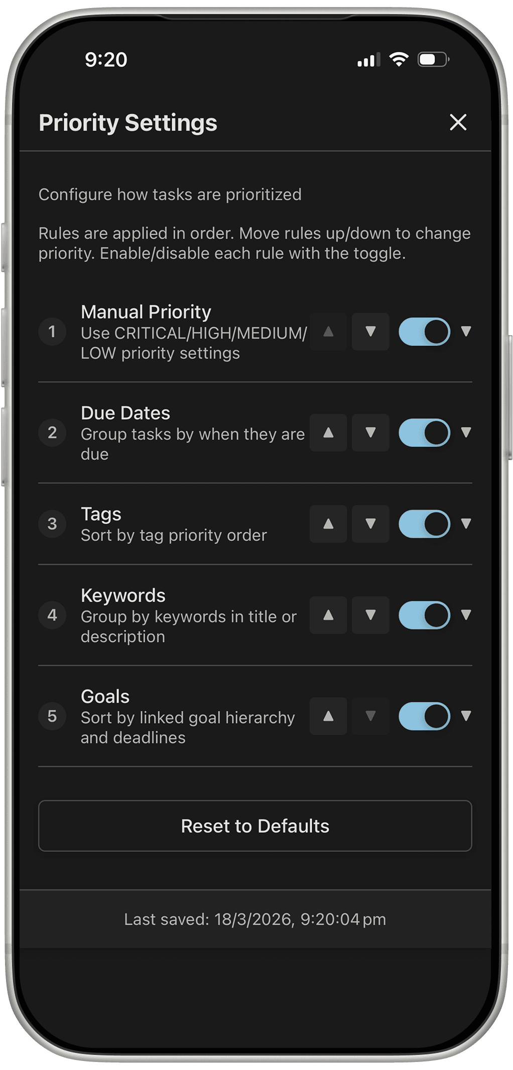 Gridflo app: priority settings