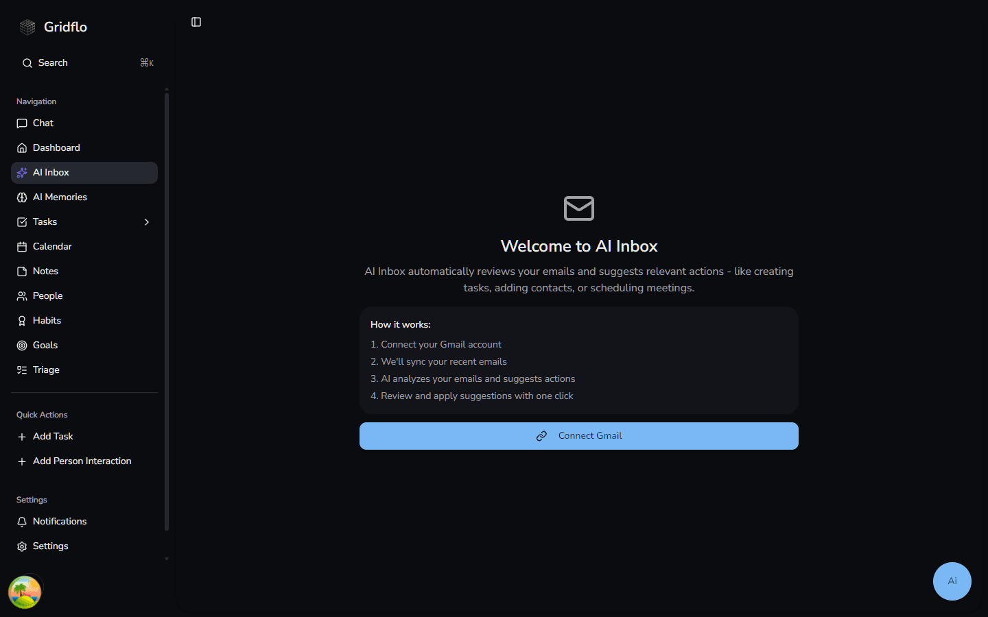 The AI Inbox welcome screen explaining how it works, with a Connect Gmail button