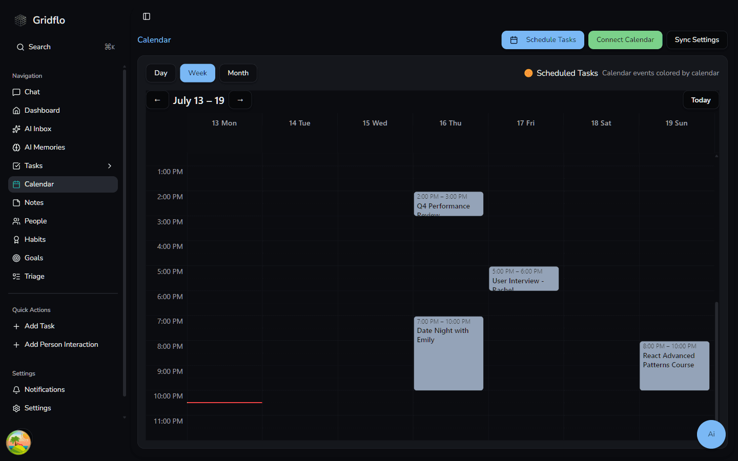 Gridflo calendar in week view showing events, the Scheduled Tasks legend, and the Schedule Tasks, Connect Calendar, and Sync Settings buttons