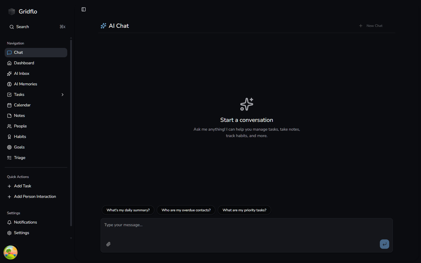 The Gridflo sidebar showing Chat, Dashboard, AI Inbox, AI Memories, Tasks, Calendar, Notes, People, Habits, Goals, Triage, Quick Actions, Notifications, and Settings