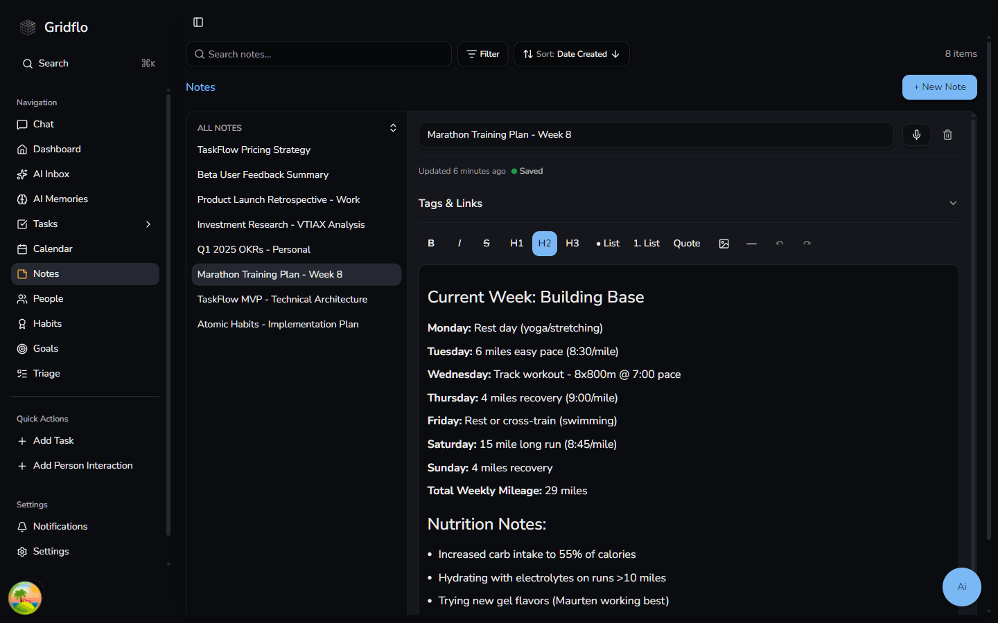 A note open in the Gridflo editor, showing the title field with mic and delete icons, the Saved autosave indicator, the Tags & Links section, and the formatting toolbar