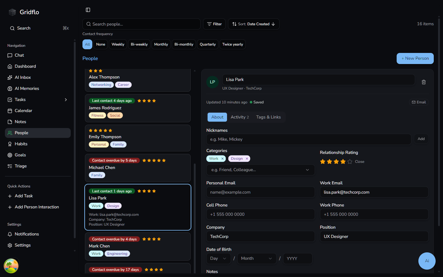 A person profile in Gridflo showing the About tab with nicknames, categories, relationship rating, contact details, and date of birth